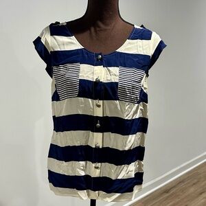 Odille Navy and Cream Striped Button-Down Silk Top